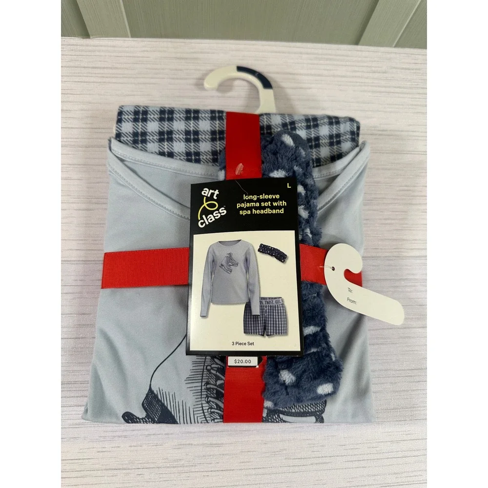 Art Class Girls 3 Pc Pajama Set Ice Skates Long Sleeve Plaid Shorts Blue L 10/12